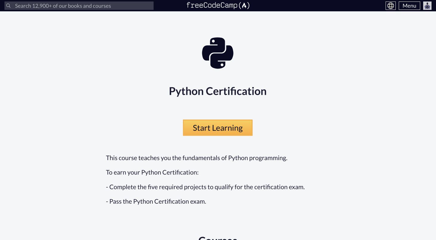 freeCodeCamp Python Certification 课程页面